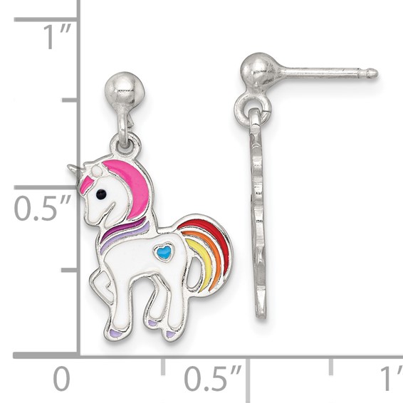 Sterling Silver Polished White and Rainbow Enameled Unicorn Childrens Post Dangle Earrings