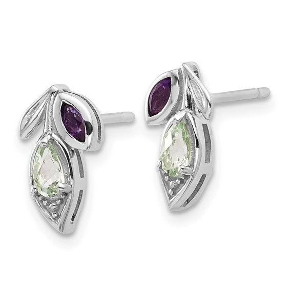 Sterling Silver Rhodium-plated Polished Amethyst and Green Quartz Leaf Post Earrings