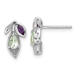 Sterling Silver Rhodium-plated Polished Amethyst and Green Quartz Leaf Post Earrings