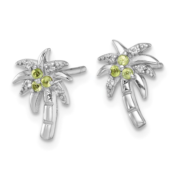 Sterling Silver Rhodium-plated Polished and Grooved Peridot and White Topaz Palm Tree Post Earrings