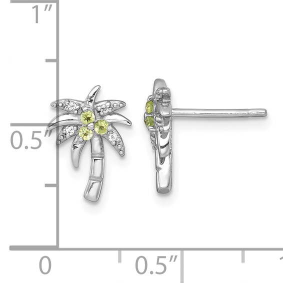 Sterling Silver Rhodium-plated Polished and Grooved Peridot and White Topaz Palm Tree Post Earrings