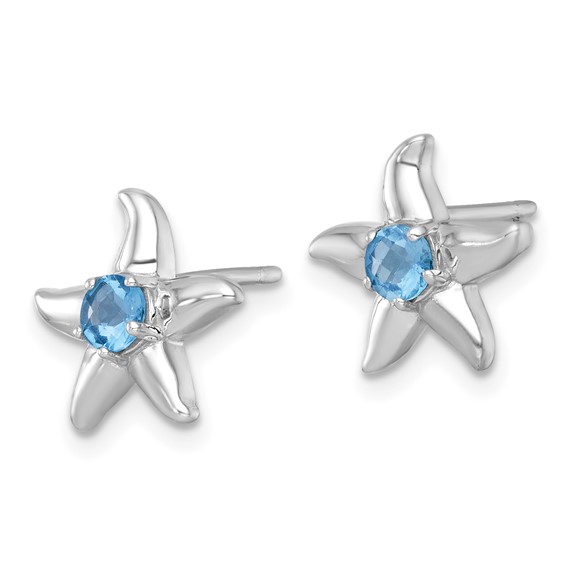 Sterling Silver Rhodium-plated Polished Round Light Swiss Blue Topaz Starfish Post Earrings