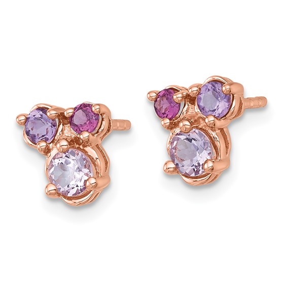 "Sterling Silver Rose Gold-plated Polished Round Amethyst, Pink Quartz and Rhodolite Garnet Post Earrings"