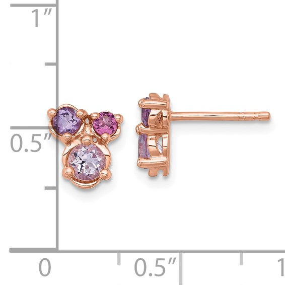 "Sterling Silver Rose Gold-plated Polished Round Amethyst, Pink Quartz and Rhodolite Garnet Post Earrings"