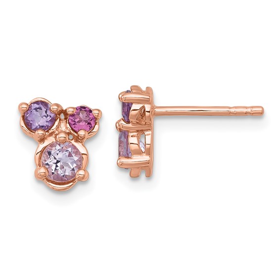 "Sterling Silver Rose Gold-plated Polished Round Amethyst, Pink Quartz and Rhodolite Garnet Post Earrings"