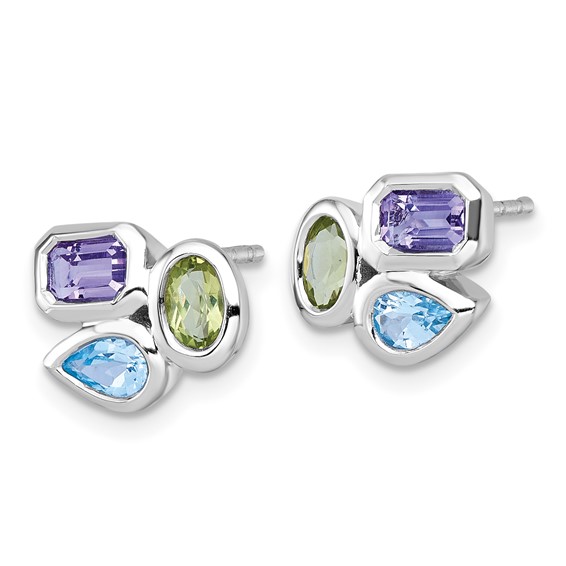 "Sterling Silver Rhodium-plated Polished Pear Blue Topaz, Oval Peridot and Emerald-cut Amethyst Post Earrings"