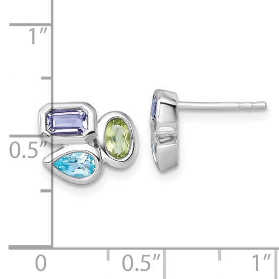 "Sterling Silver Rhodium-plated Polished Pear Blue Topaz, Oval Peridot and Emerald-cut Amethyst Post Earrings"