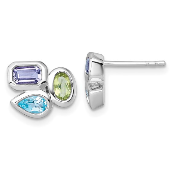 "Sterling Silver Rhodium-plated Polished Pear Blue Topaz, Oval Peridot and Emerald-cut Amethyst Post Earrings"