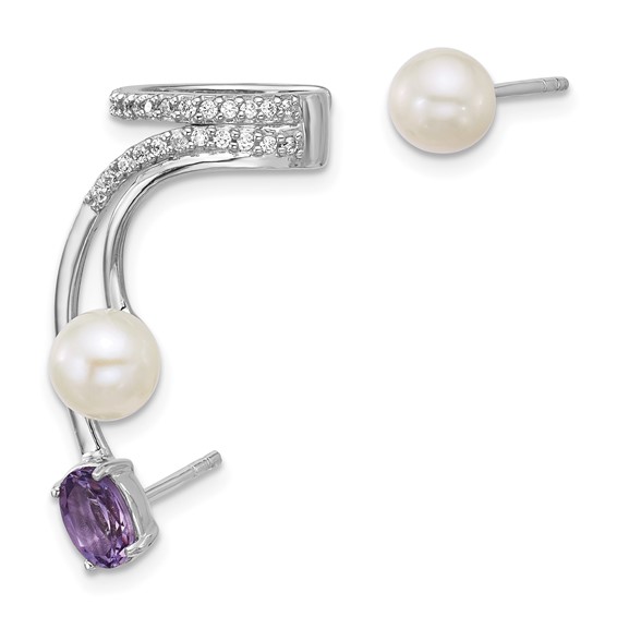 Sterling Silver FWC Pearl, CZ, and Gemstone Post Cuff Asymmetric Earring