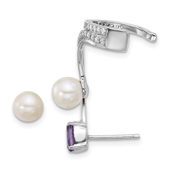 Sterling Silver FWC Pearl, CZ, and Gemstone Post Cuff Asymmetric Earring