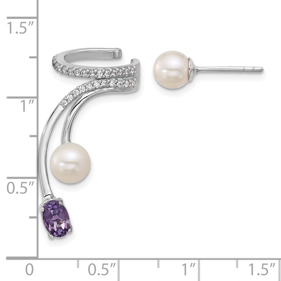 Sterling Silver FWC Pearl, CZ, and Gemstone Post Cuff Asymmetric Earring
