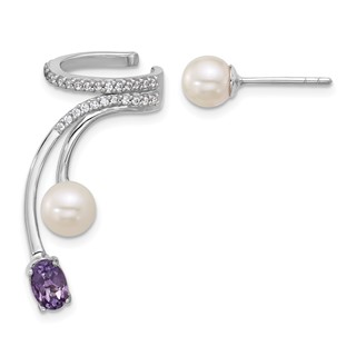 Sterling Silver FWC Pearl, CZ, and Gemstone Post Cuff Asymmetric Earring
