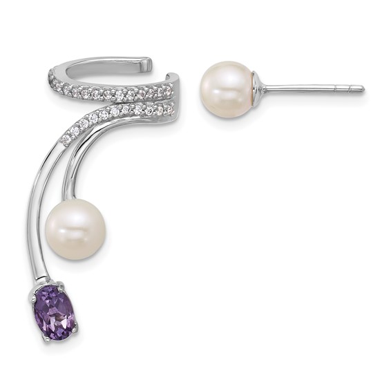Sterling Silver FWC Pearl, CZ, and Gemstone Post Cuff Asymmetric Earring