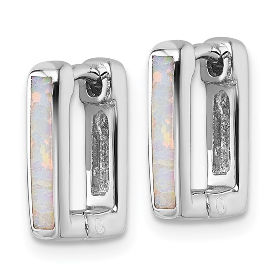 Sterling Silver Rhodium-plated Polished Lab Created Opal Square Hinged Hoop Earrings
