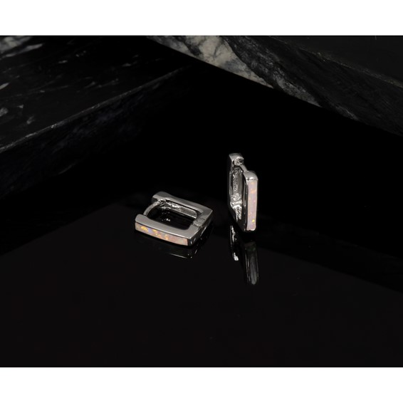 Sterling Silver Rhodium-plated Polished Lab Created Opal Square Hinged Hoop Earrings