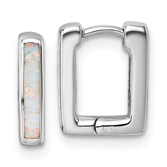 Sterling Silver Rhodium-plated Polished Lab Created Opal Square Hinged Hoop Earrings