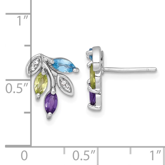 "Sterling Silver Rhodium-plated Polished Amethyst, Peridot, and Blue and White Topaz Leaf Post Earrings"
