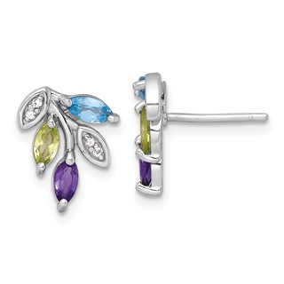 "Sterling Silver Rhodium-plated Polished Amethyst, Peridot, and Blue and White Topaz Leaf Post Earrings"