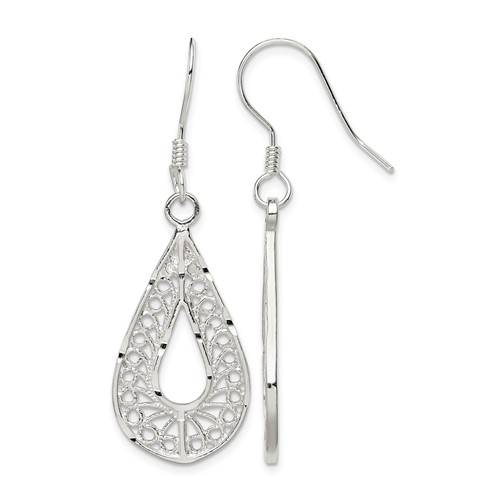 Sterling Silver Polished Textured D C Filigree Teardrop Dangle Earrings