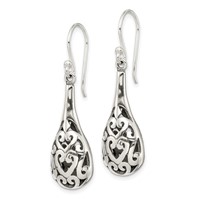Sterling Silver Polished & Antiqued Filigree Heart Teardrop Dangle Earrings view 2