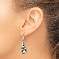 Sterling Silver Polished & Antiqued Filigree Heart Teardrop Dangle Earrings view 3