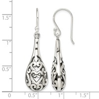 Sterling Silver Polished & Antiqued Filigree Heart Teardrop Dangle Earrings view 4