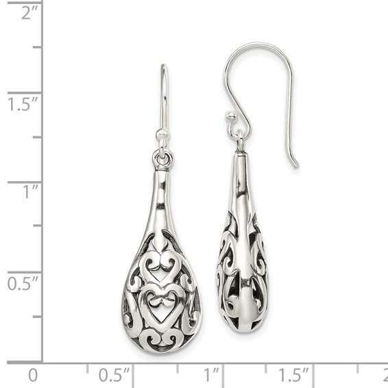 Sterling Silver Polished & Antiqued Filigree Heart Teardrop Dangle Earrings