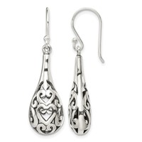 Sterling Silver Polished & Antiqued Filigree Heart Teardrop Dangle Earrings view 1