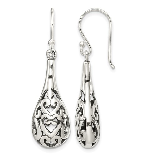 Sterling Silver Polished & Antiqued Filigree Heart Teardrop Dangle Earrings