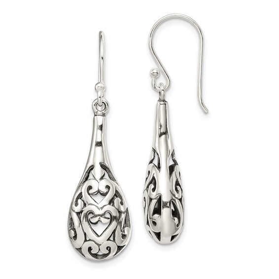 Sterling Silver Polished & Antiqued Filigree Heart Teardrop Dangle Earrings