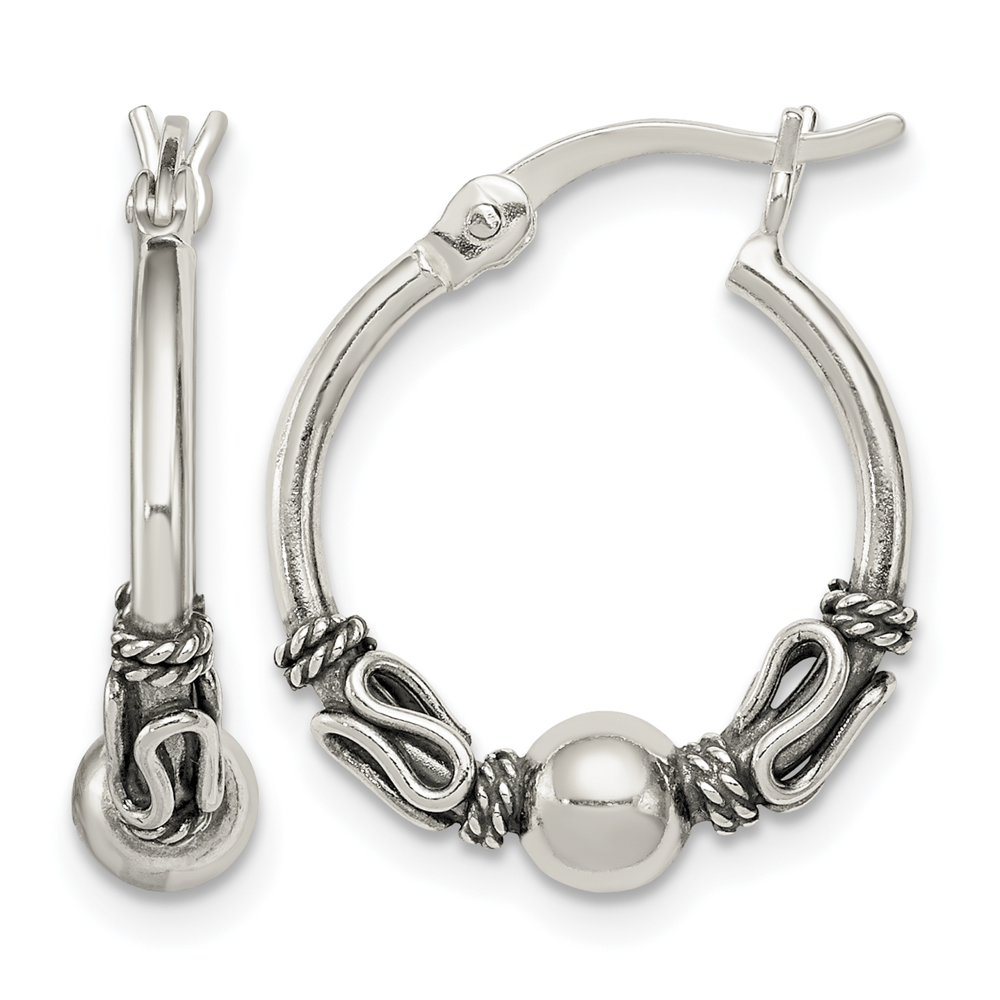 Sterling Silver Antiqued Fancy Beaded Hoop Earrings (QE1946)