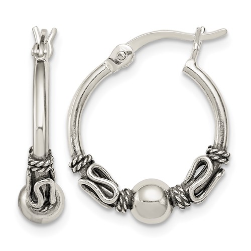 Sterling Silver Antiqued Fancy Beaded Hoop Earrings