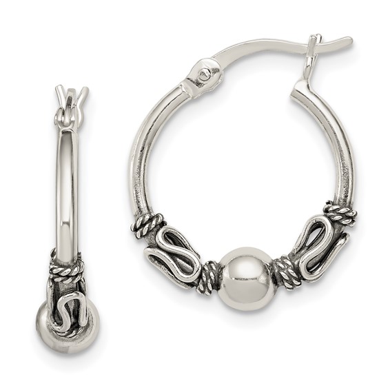 Sterling Silver Antique with Bead Hoop Earring