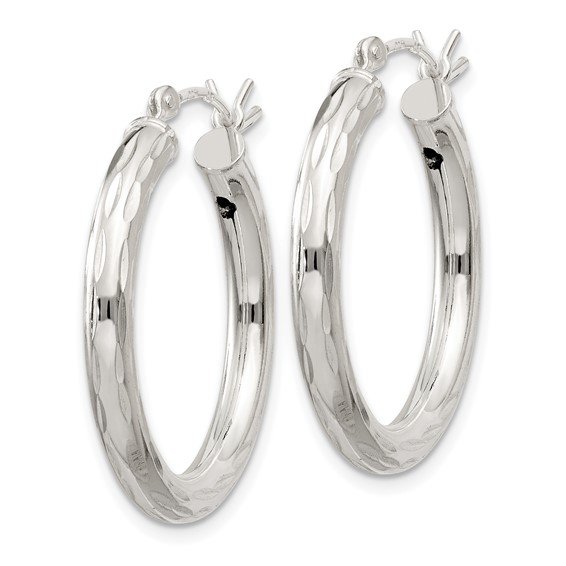 Sterling Silver 3.0mm Diamond-cut Hoop Earrings