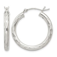 Sterling Silver Diamond-cut Satin 3x 25mm Hoop Earrings view 1