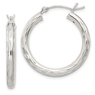 Sterling Silver 3.0mm Diamond-cut Hoop Earrings