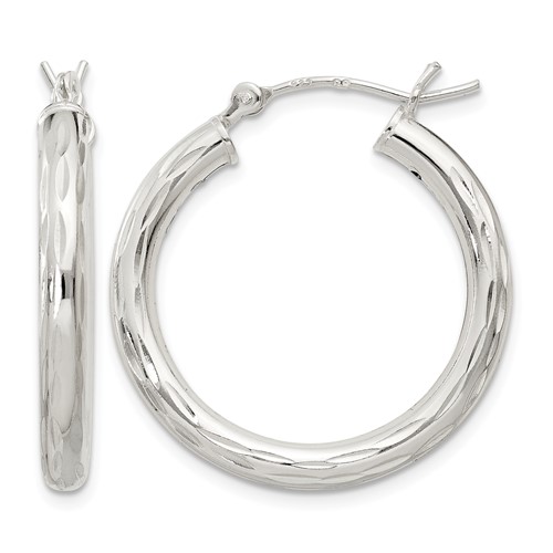 Sterling Silver Diamond-cut Satin 3x 25mm Hoop Earrings