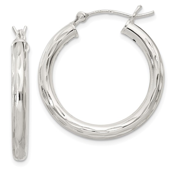 Sterling Silver 3.0mm Diamond-cut Hoop Earrings
