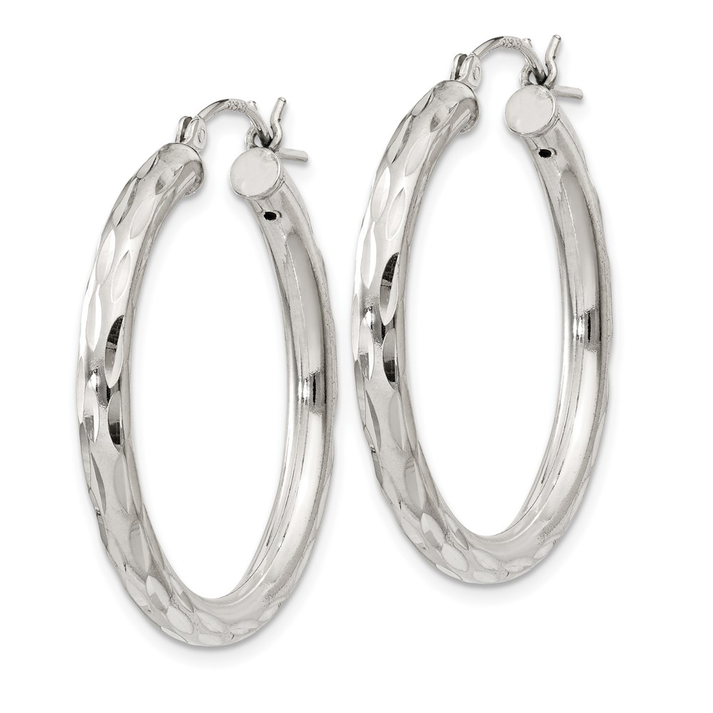 Sterling Silver Diamond-cut Satin 3x30mm Hoop Earrings (QE1966)