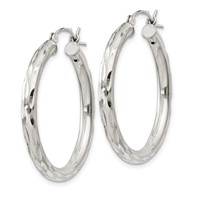 Sterling Silver Diamond-cut Satin 3x30mm Hoop Earrings view 2