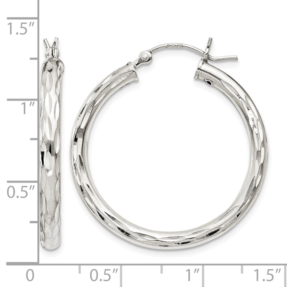 Sterling Silver Diamond-cut Satin 3x30mm Hoop Earrings (QE1966)