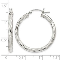 Sterling Silver Diamond-cut Satin 3x30mm Hoop Earrings view 4