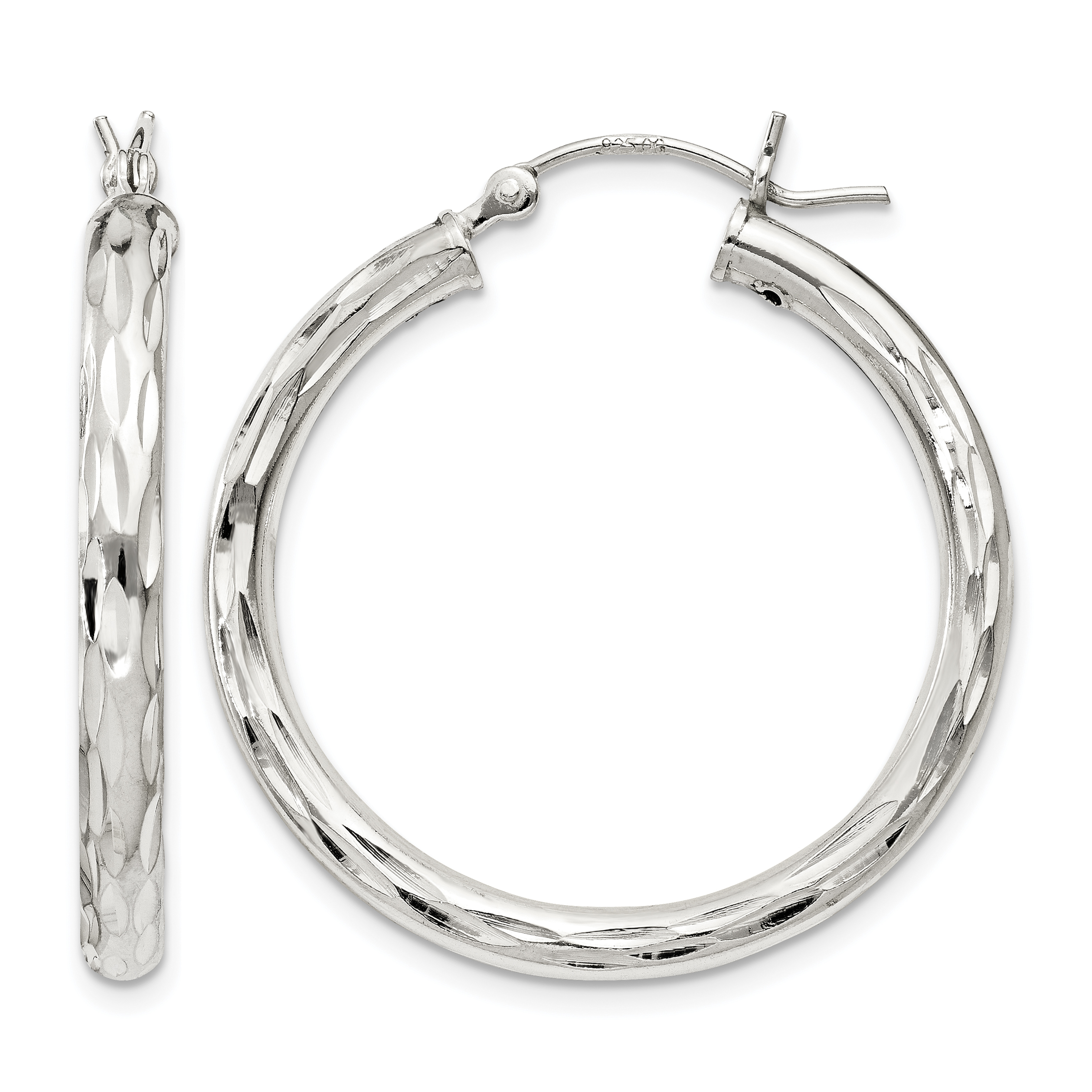 Sterling Silver Diamond-cut Satin 3x30mm Hoop Earrings (QE1966)
