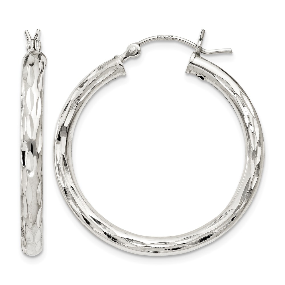 Sterling Silver Diamond-cut Satin 3x30mm Hoop Earrings (QE1966)