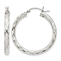 Sterling Silver Diamond-cut Satin 3x30mm Hoop Earrings view 1