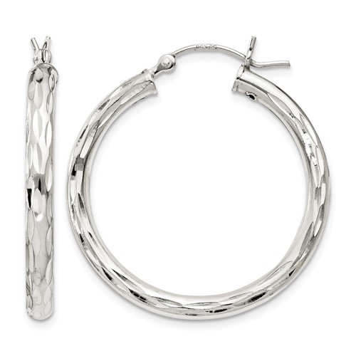 Sterling Silver Diamond-cut Satin 3x 30mm Hoop Earrings