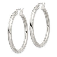 Sterling Silver Diamond-cut Satin 3x 35mm Hoop Earrings view 2