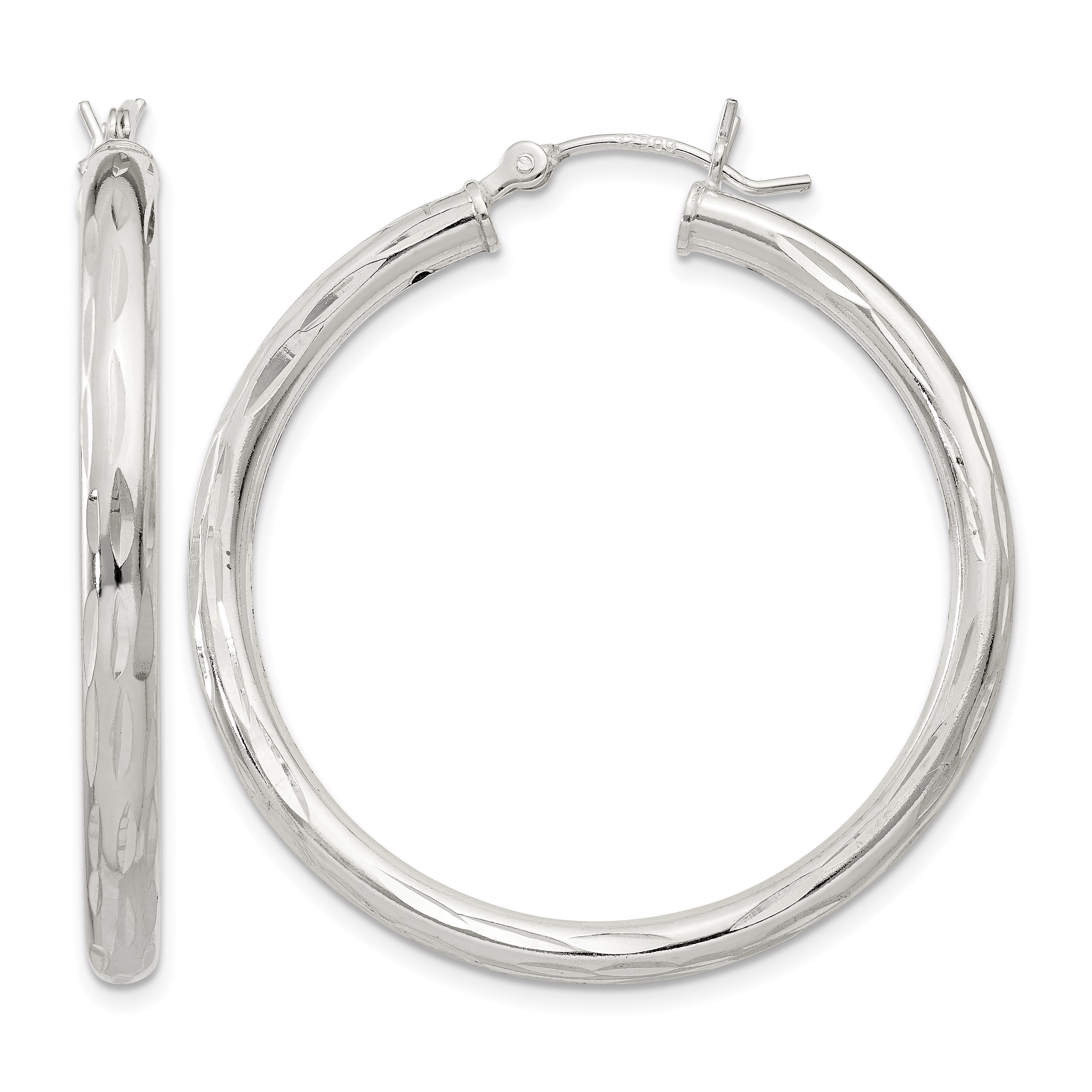Sterling Silver Diamond-cut Satin 3x35mm Hoop Earrings (QE1967)