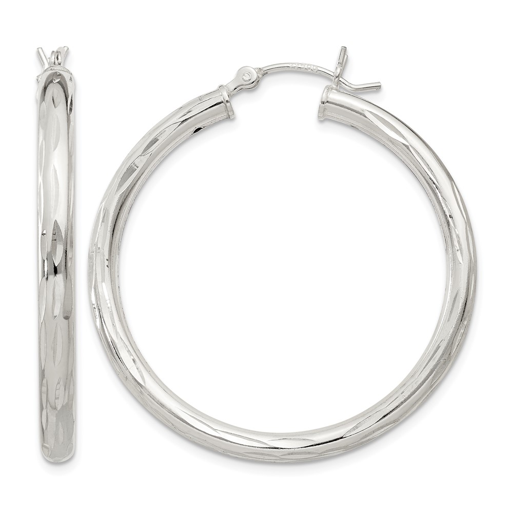 Sterling Silver Diamond-cut Satin 3x35mm Hoop Earrings (QE1967)