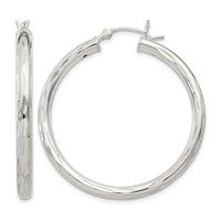 Sterling Silver Diamond-cut Satin 3x 35mm Hoop Earrings view 1